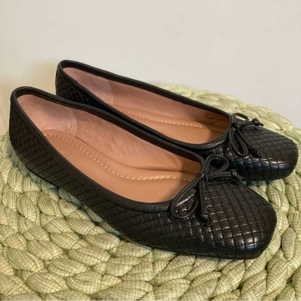 NEW Nordstroms Ashton Quilted Black Leather Square Toe Bow Slip On Ballet Flats